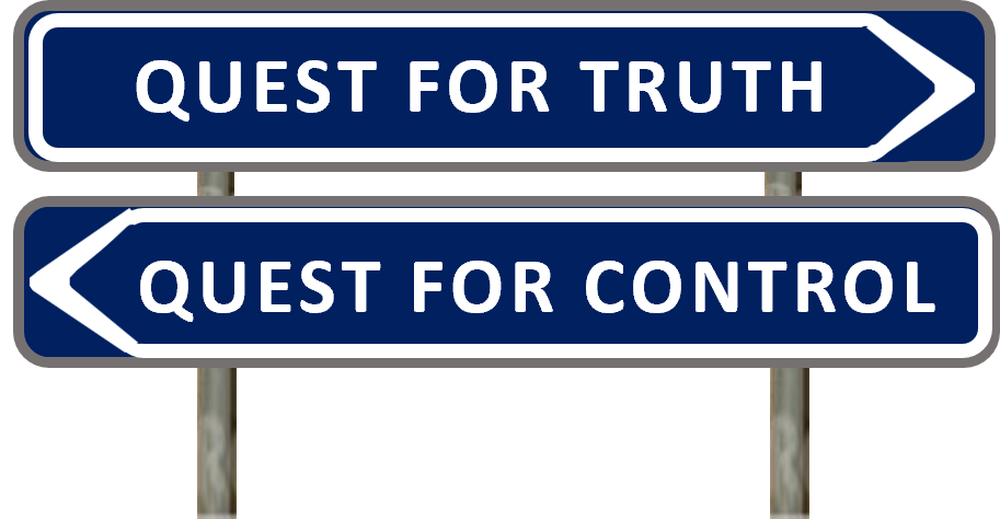 Road signs pointing in different directions: 'Quest for truth' and 'Quest for control'.