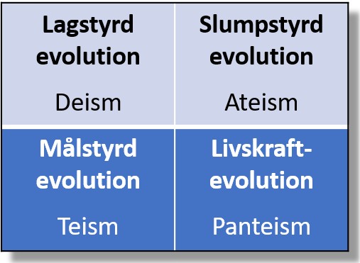 1. Lag-evolution (deism) 2. Slump-evolution (ateism) 3. Målstyrd evolution (teism) 4. Livskraft-evolution (panteism)